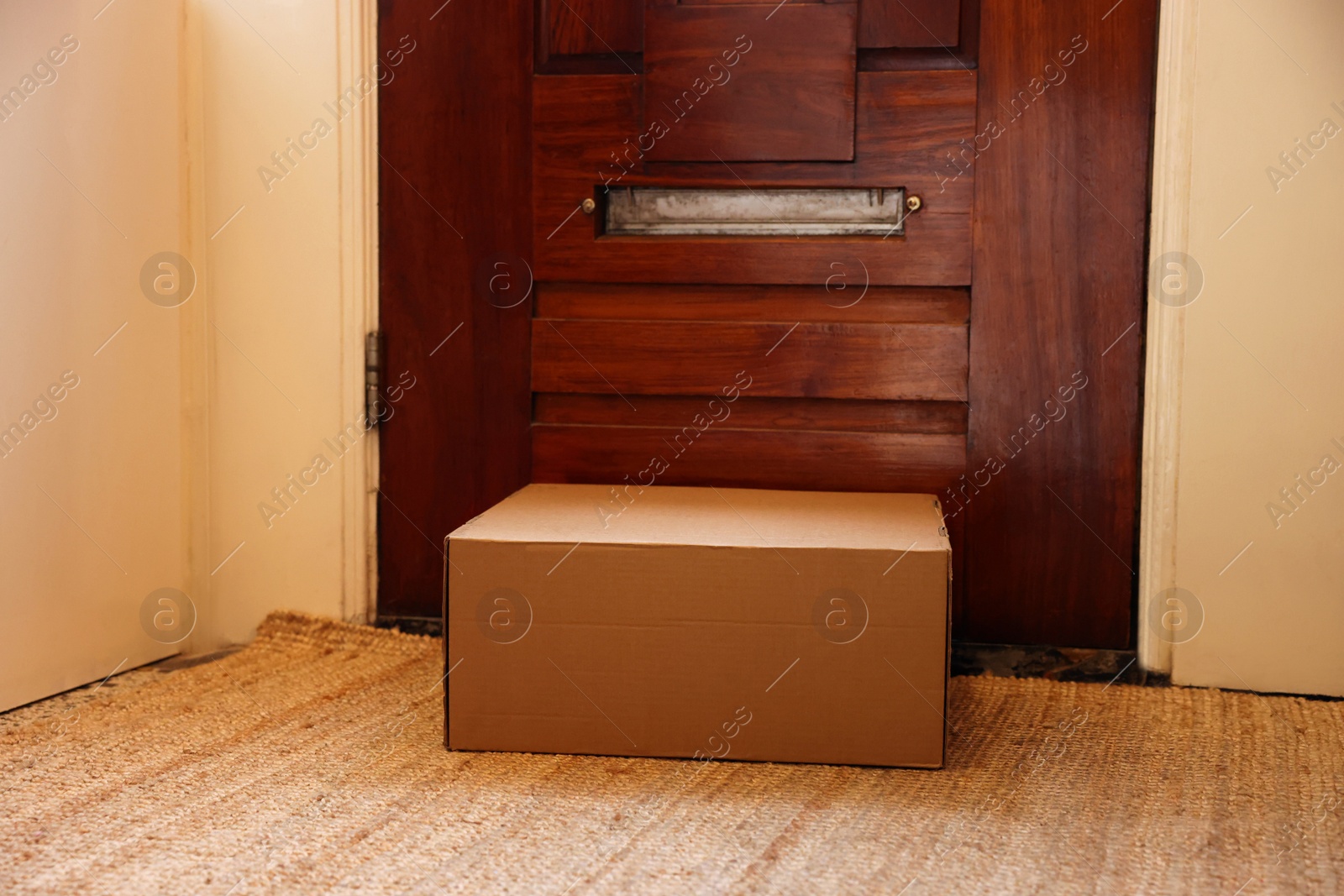 Photo of Delivery service. Cardboard on rug near wooden door indoors