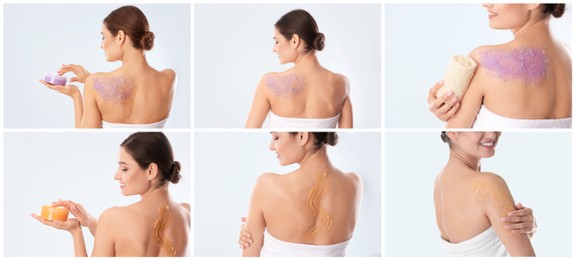 Image of Collage with photos of young woman applying body scrubs on light grey background