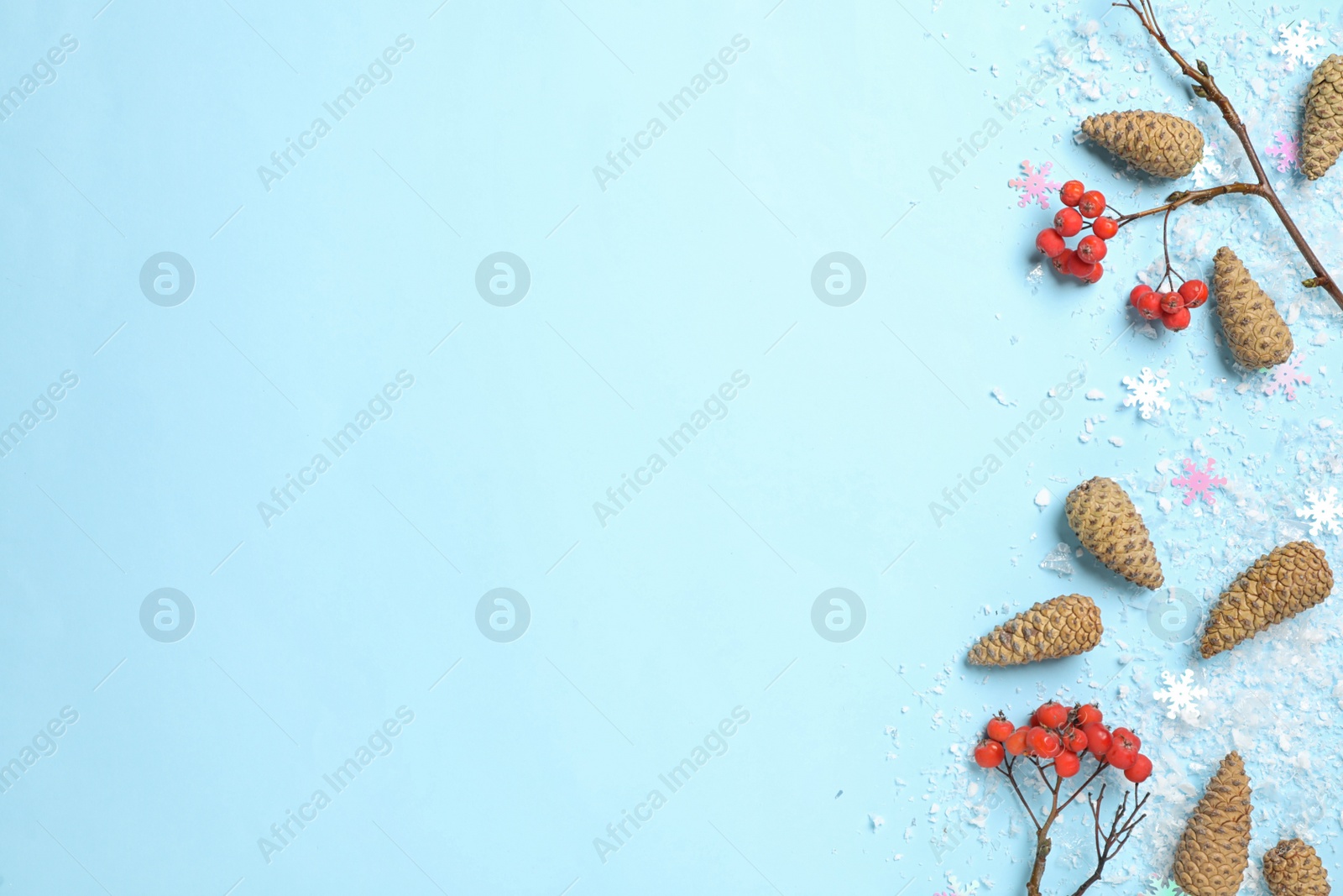 Photo of Flat lay composition with pinecones on light blue background, space for text