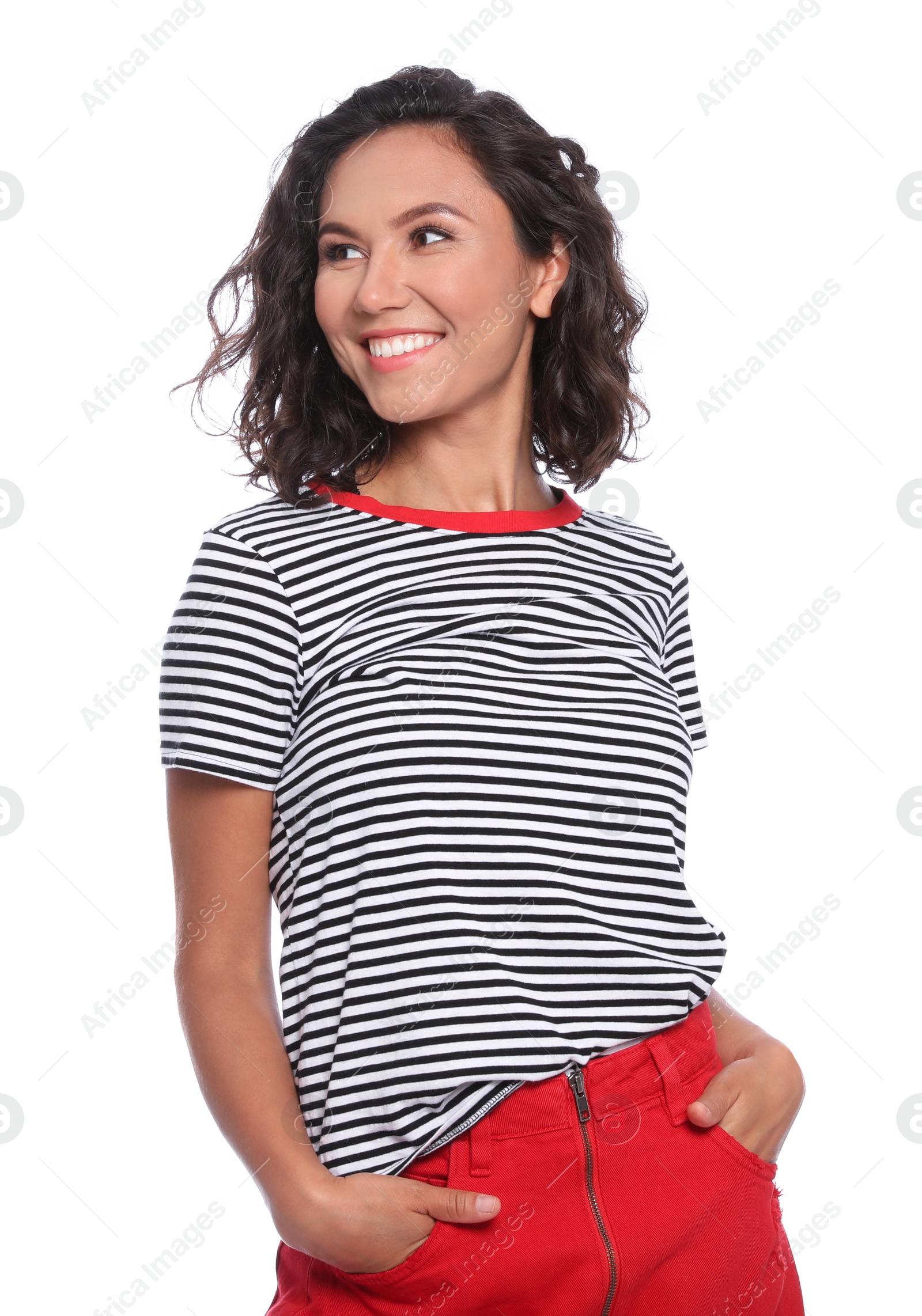 Photo of Beautiful young woman standing on white background