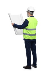 Photo of Architect in hard hat holding draft on white background, back view