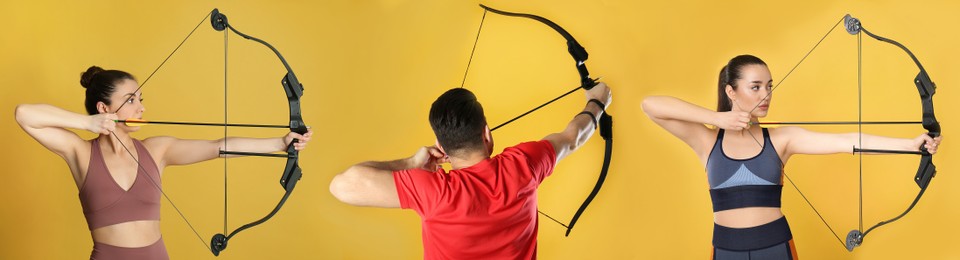 People practicing archery on yellow background, collage. Banner design 