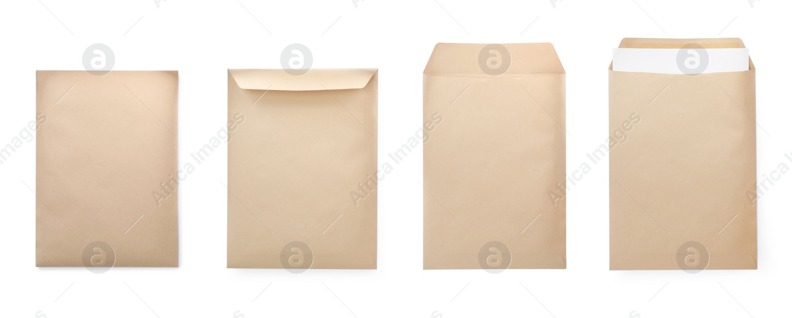 Image of Set with blank kraft paper envelopes on white background. Banner design