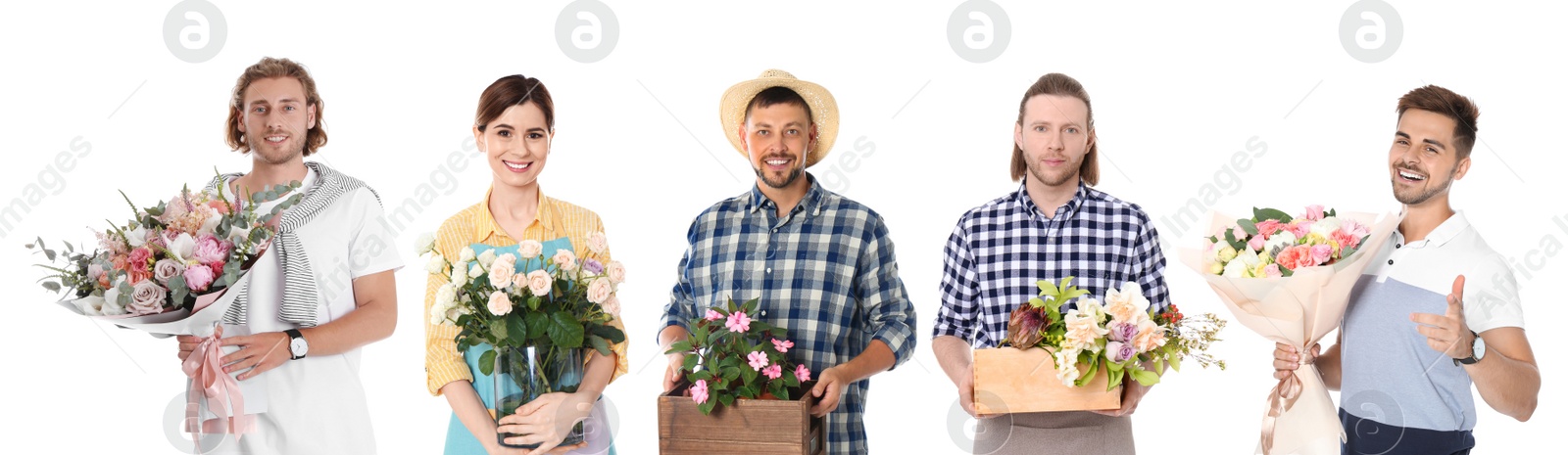 Image of Collage of florists with plants on white background. Banner design