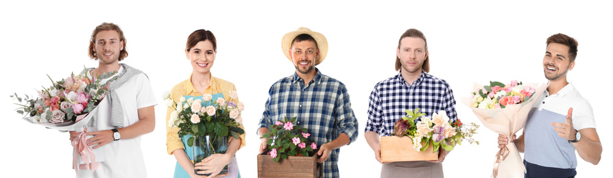 Collage of florists with plants on white background. Banner design
