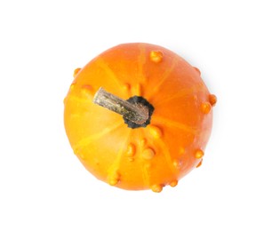 One orange pumpkin isolated on white, top view