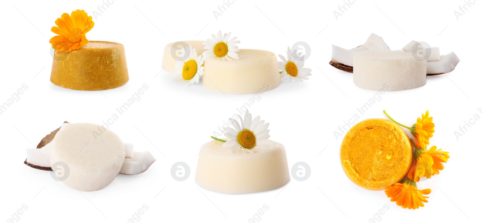 Image of Set with solid shampoo bars on white background, banner design. Hair care