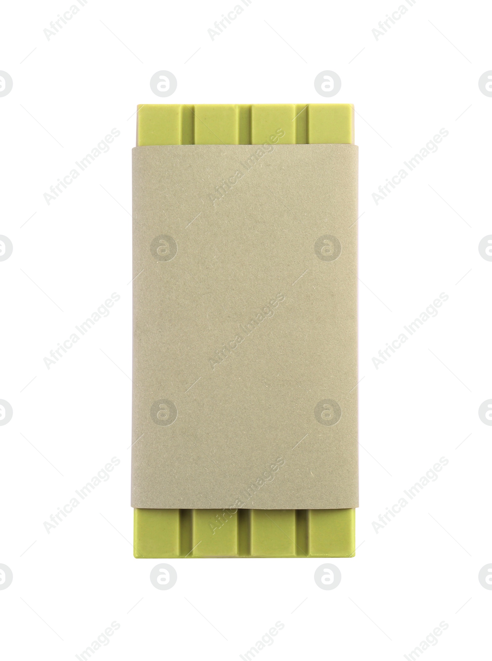 Photo of One tasty matcha chocolate bar in packaging isolated on white, top view