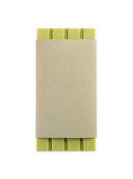 Photo of One tasty matcha chocolate bar in packaging isolated on white, top view