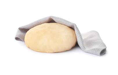 Photo of Raw dough under towel on white background