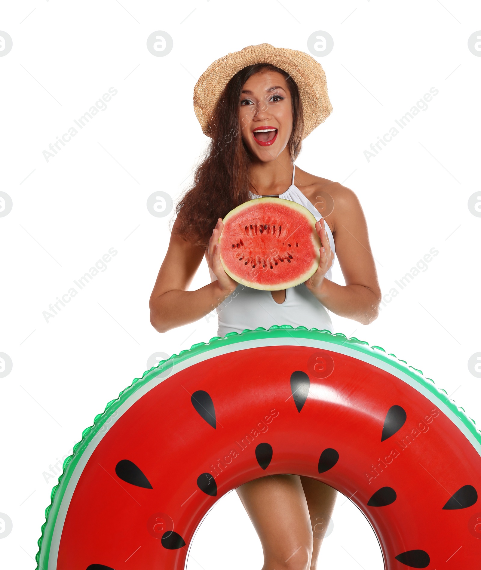 Photo of Beautiful young woman with inflatable ring and watermelon on white background