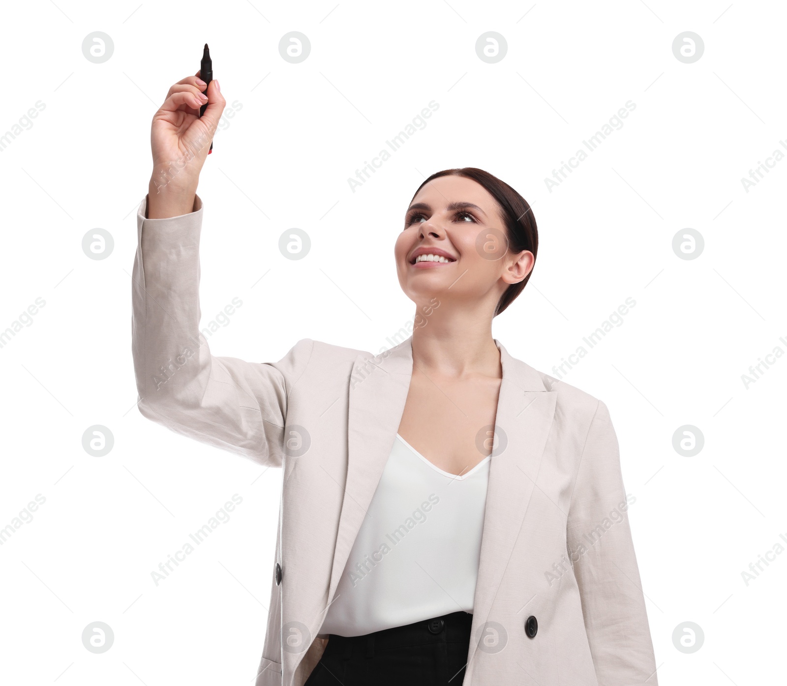 Photo of Beautiful businesswoman in suit with marker on white background