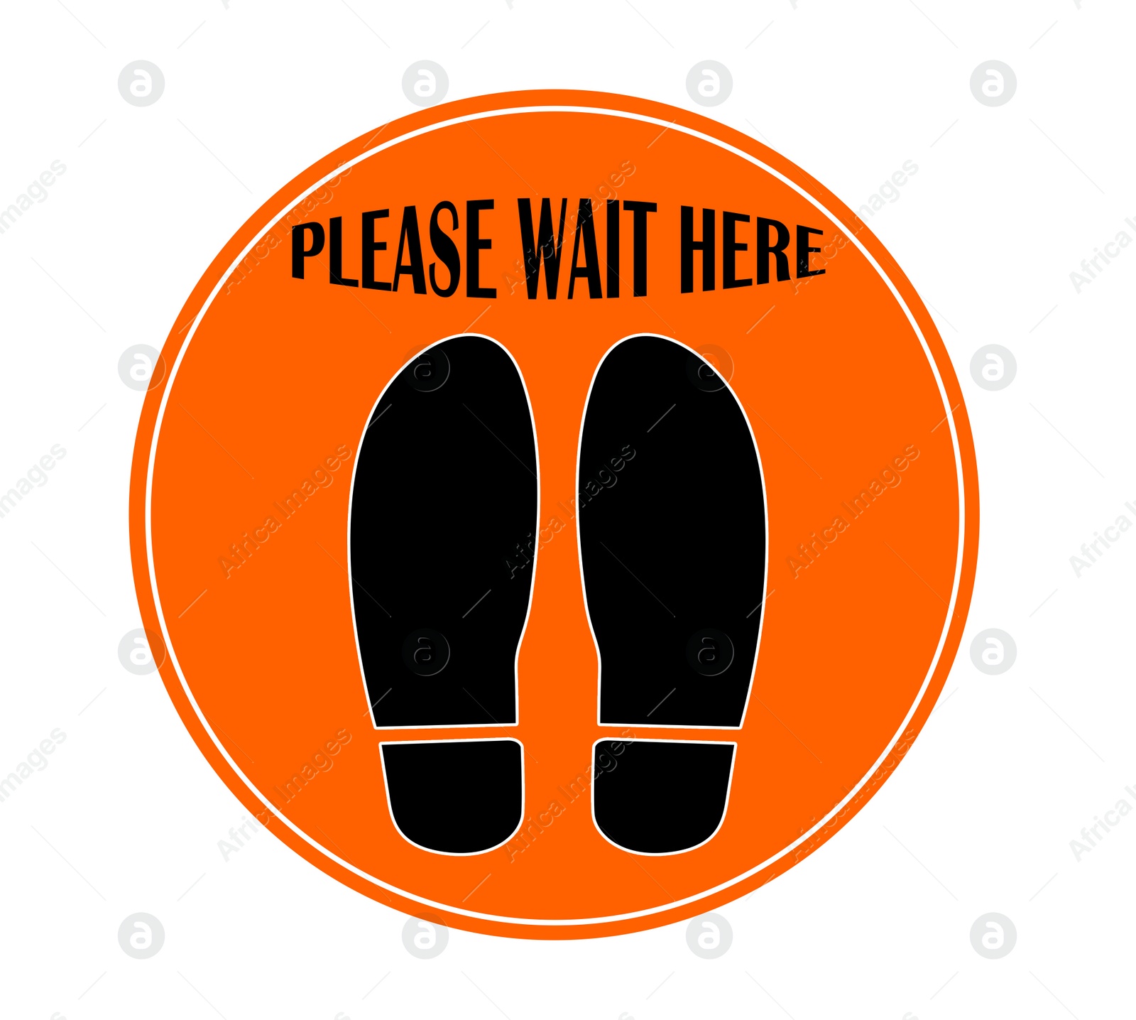 Illustration of Orange round sign with text Please Wait Here and shoe prints, illustration. Social distancing - protection measure during coronavirus pandemic