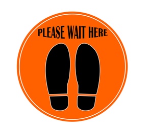 Illustration of Orange round sign with text Please Wait Here and shoe prints, illustration. Social distancing - protection measure during coronavirus pandemic