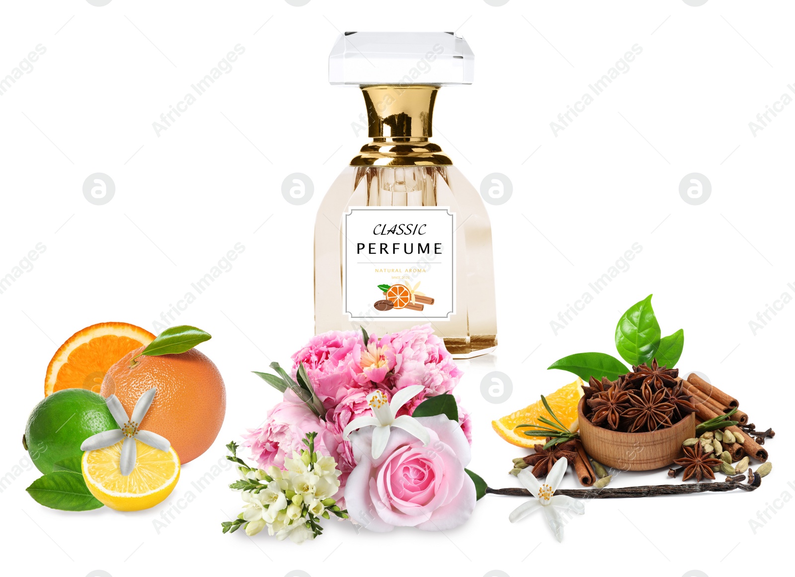 Image of Bottle of perfume, flowers and spices on white background