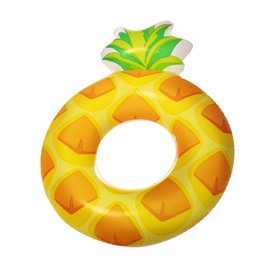 Photo of Bright inflatable ring in shape of pineapple on white background. Summer holidays
