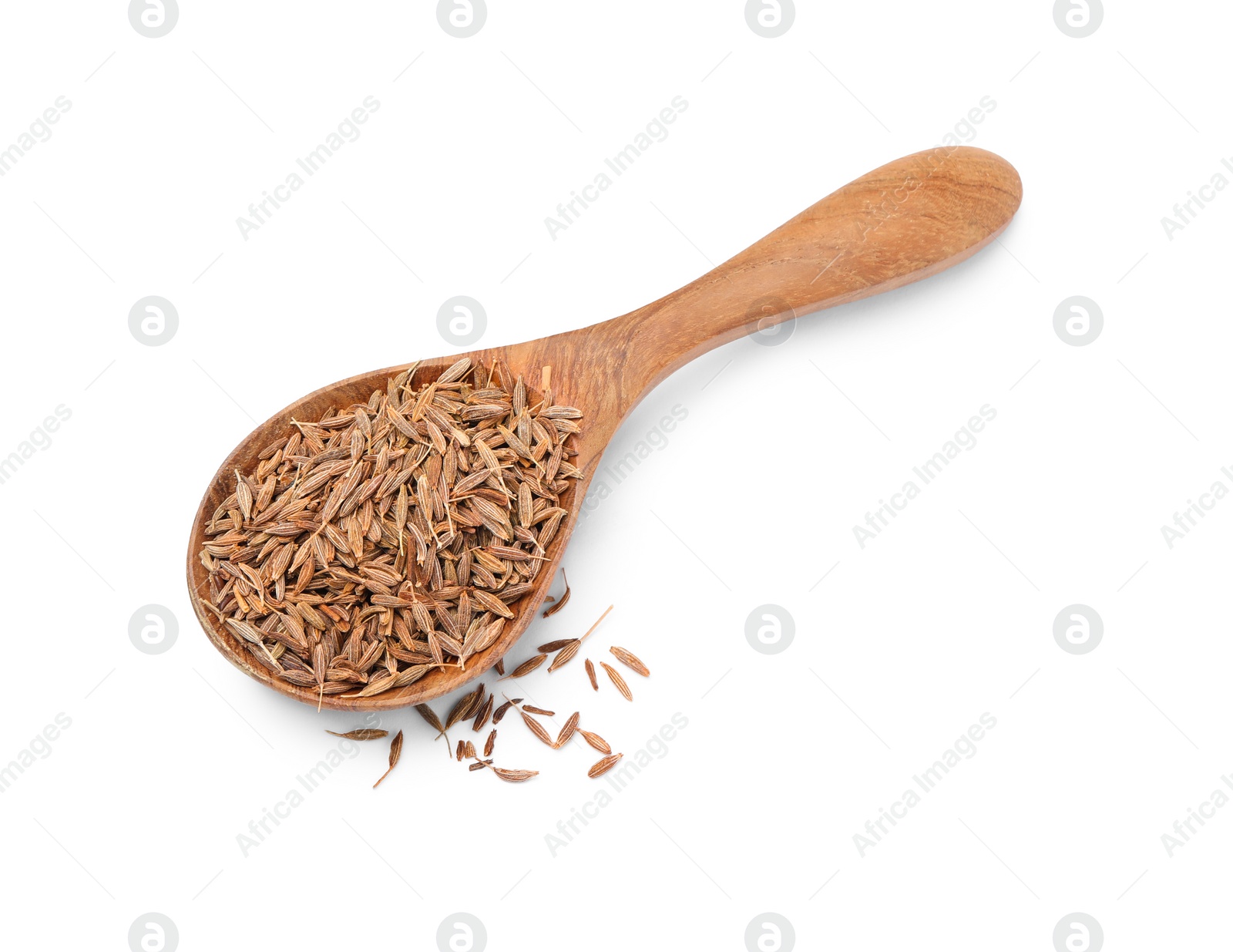 Photo of Spoon of aromatic caraway (Persian cumin) seeds isolated on white, top view