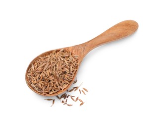 Spoon of aromatic caraway (Persian cumin) seeds isolated on white, top view