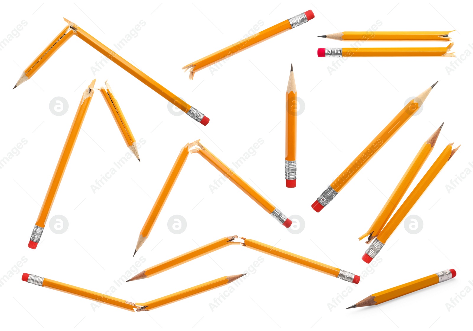 Image of Set with whole and broken pencils on white background