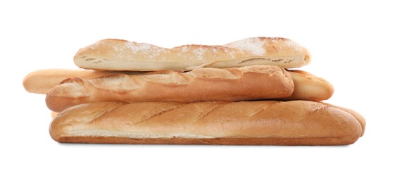 Photo of Different tasty baguettes on white background. Fresh bread