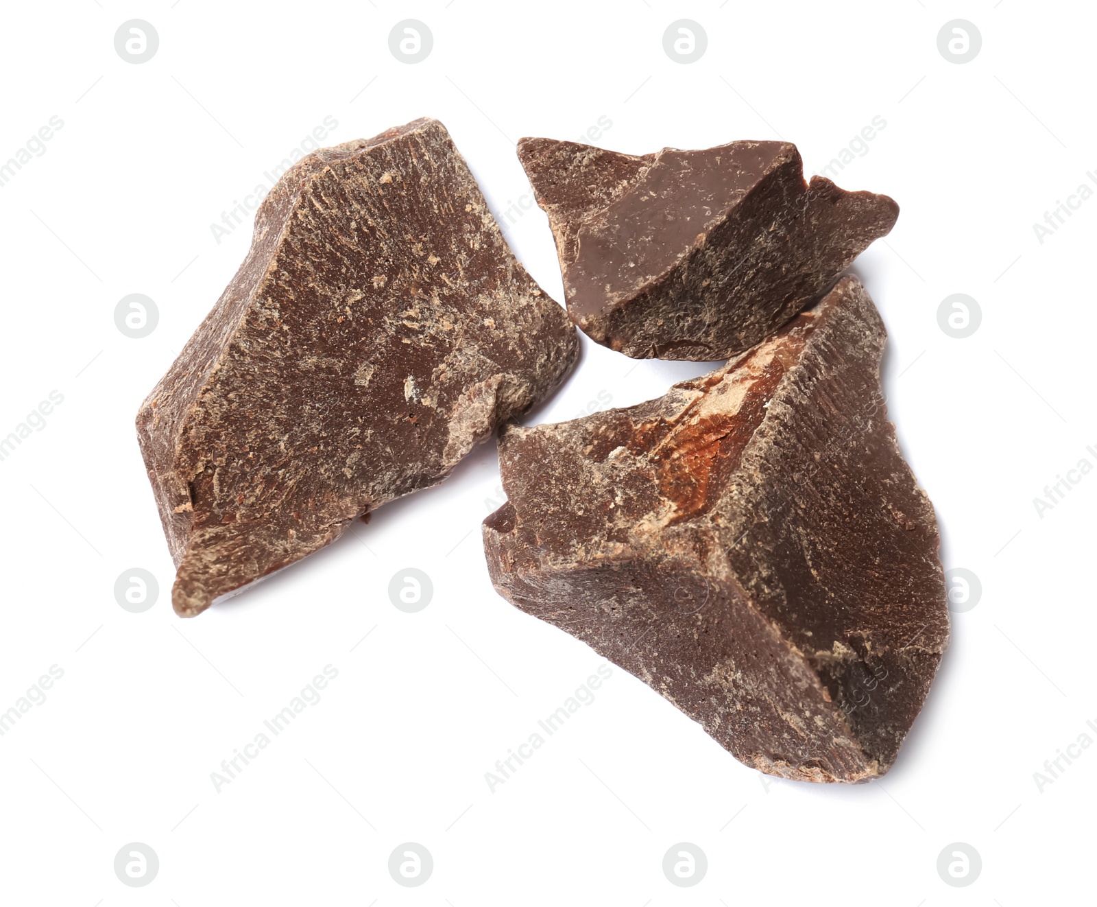 Photo of Delicious chocolate chunks on white background