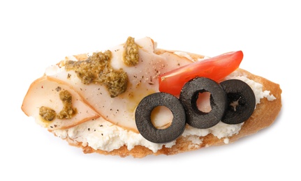 Photo of Delicious chicken bruschetta on white background, top view