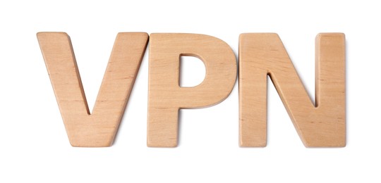 Photo of Acronym VPN made of wooden letters on white background, top view