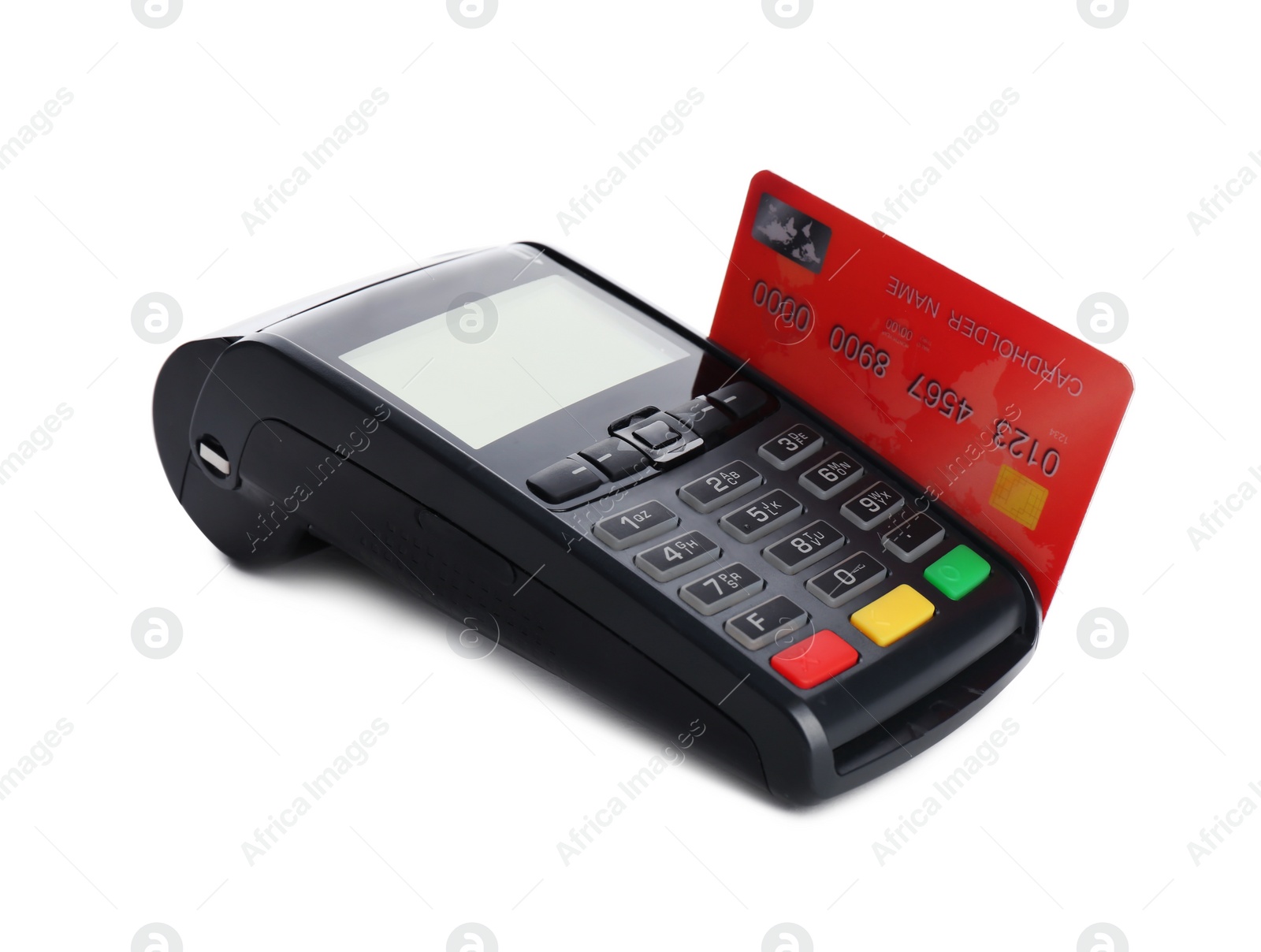 Photo of Modern payment terminal with credit card on white background. Space for text