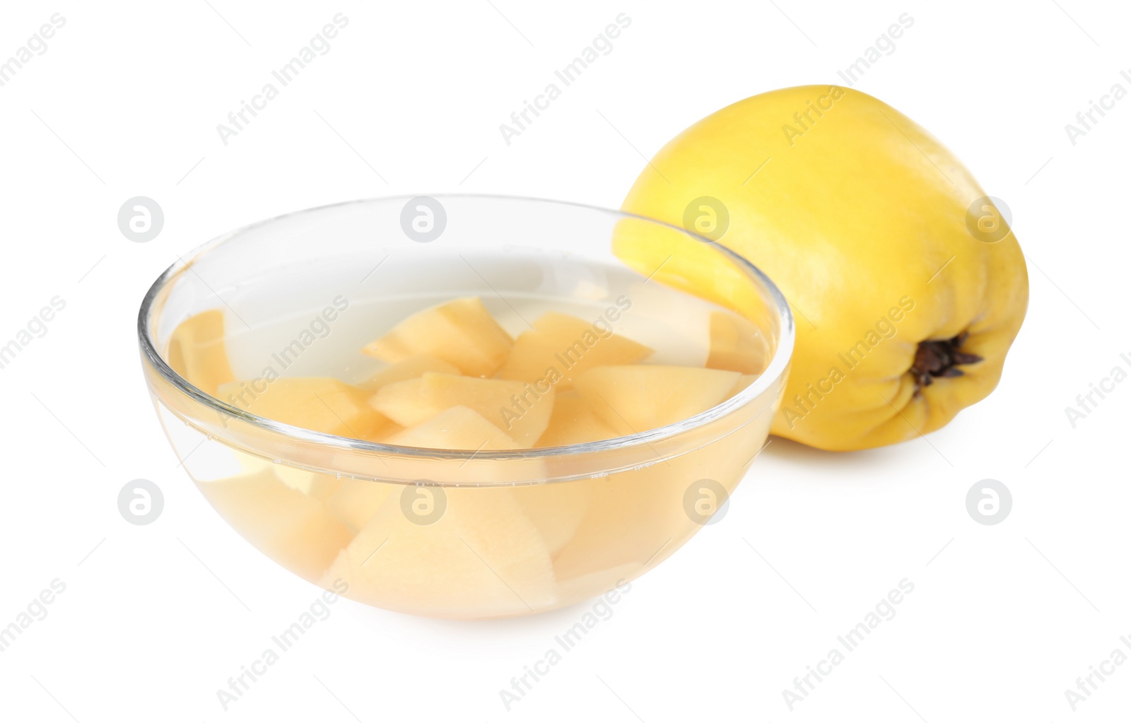 Photo of Delicious quince drink in glass bowl and fresh fruit isolated on white