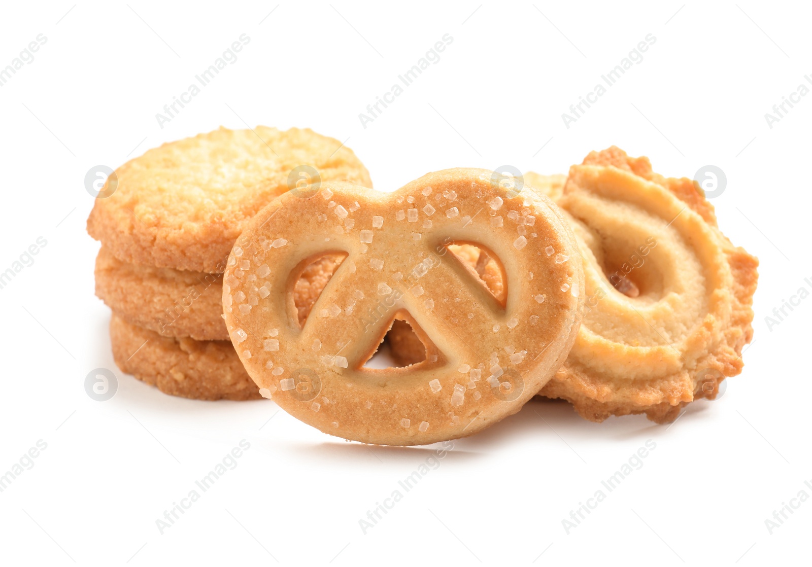 Photo of Tasty Danish butter cookies isolated on white