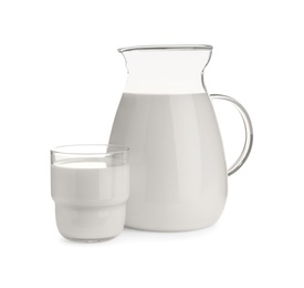 Photo of Jug and glass with fresh milk on white background