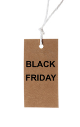 Photo of Blank brown tag hanging on white background. Black Friday concept
