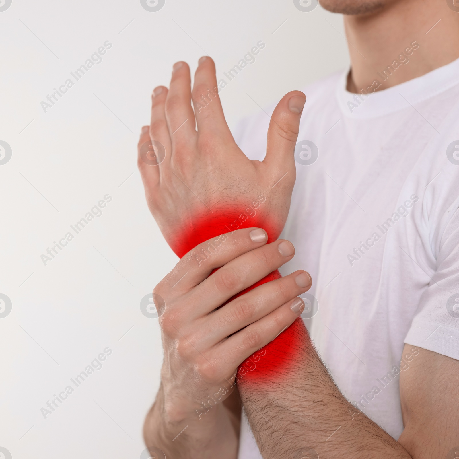 Image of Man suffering from rheumatism on light background, closeup