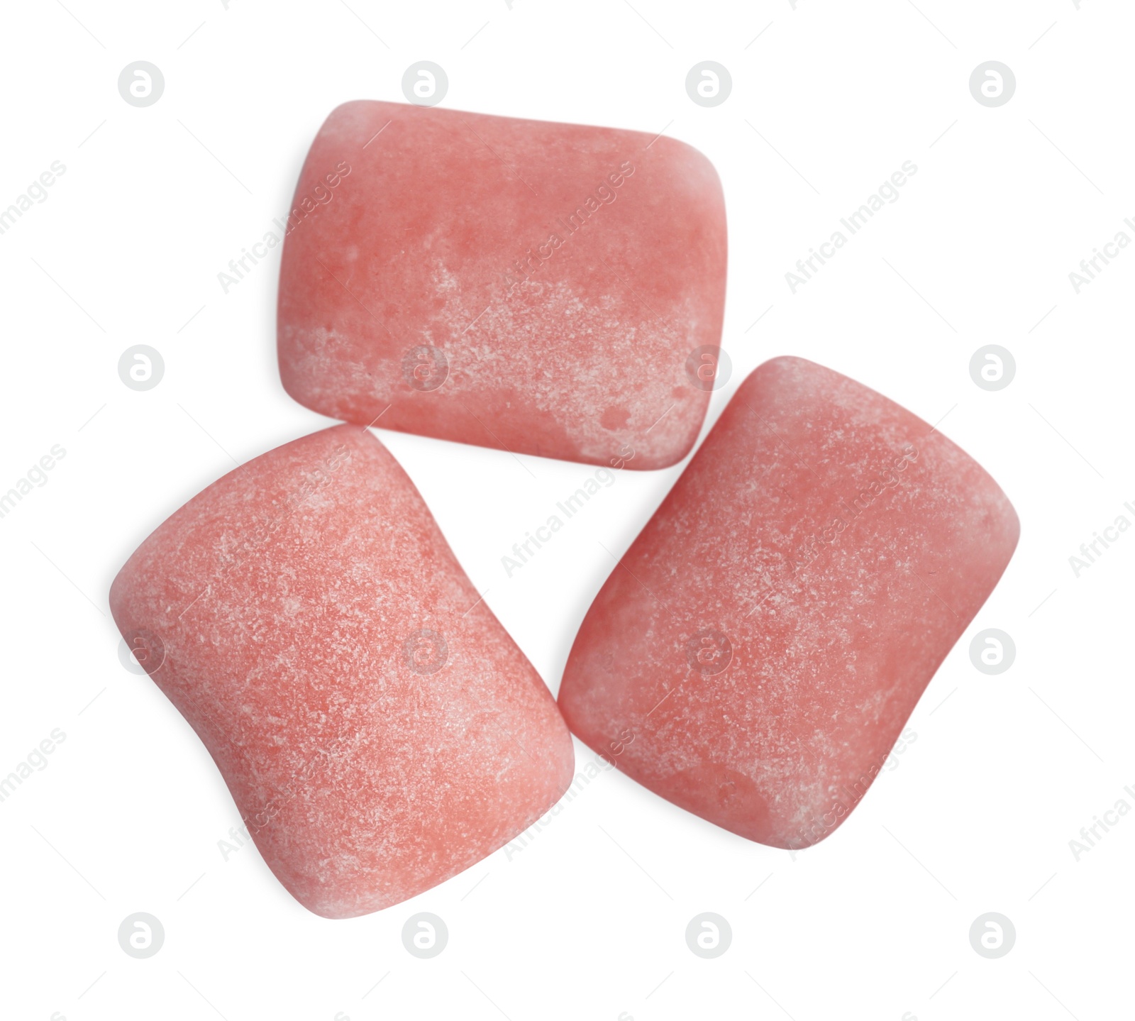 Photo of Tasty sweet chewing gums on white background, top view