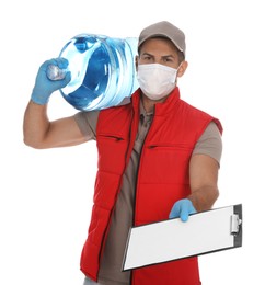 Photo of Courier in medical mask with bottle for water cooler and clipboard on white background. Delivery during coronavirus quarantine