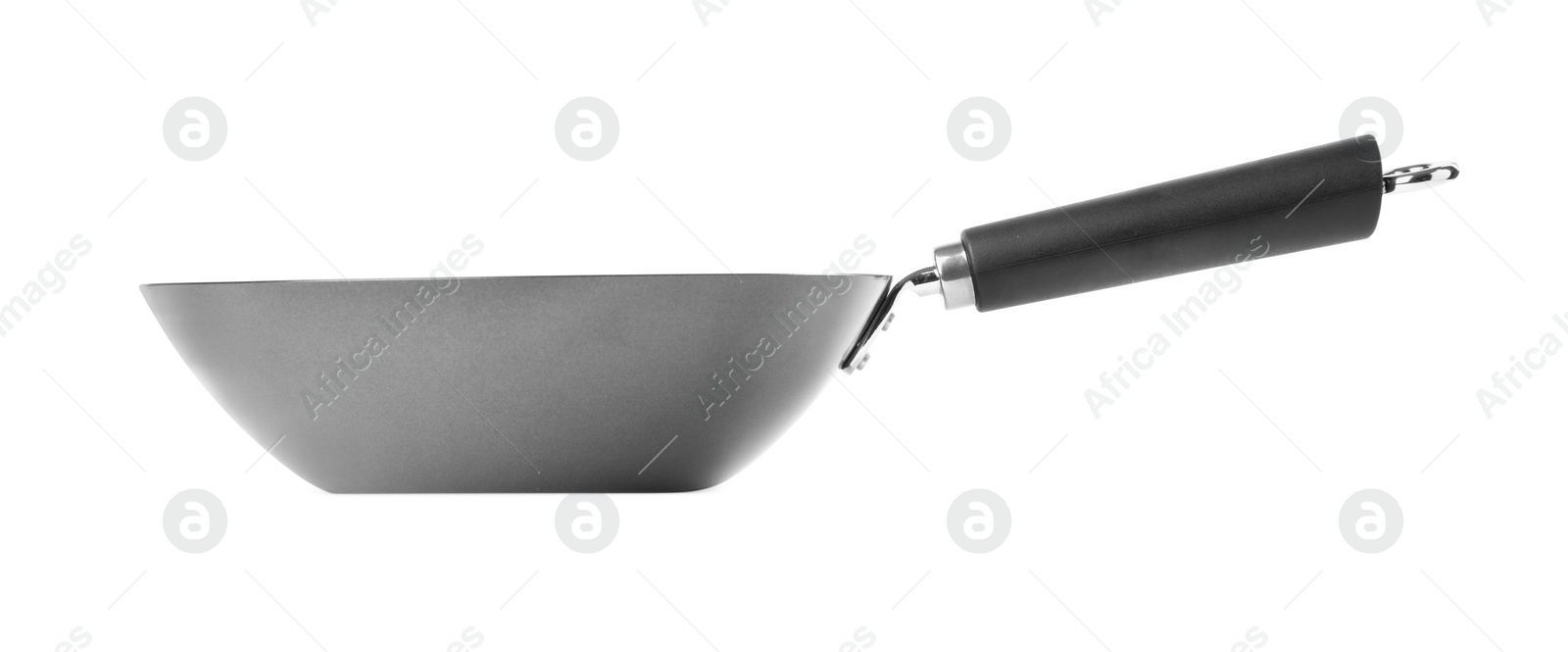 Photo of One empty metal wok isolated on white