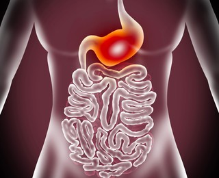 Illustration of  woman with suffering from stomach disease. Gastroenterology