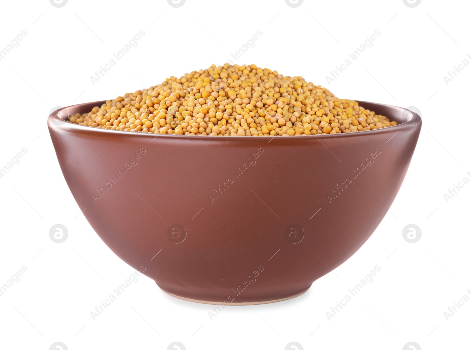 Photo of Mustard seeds in bowl isolated on white