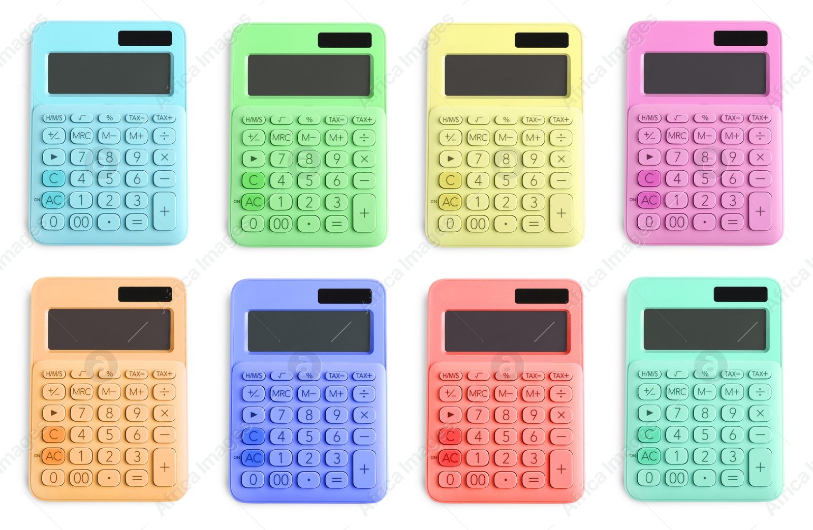 Image of Set with multicolored calculators on white background, top view