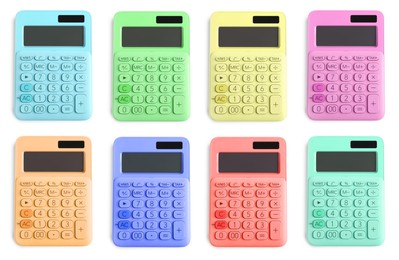 Image of Set with multicolored calculators on white background, top view