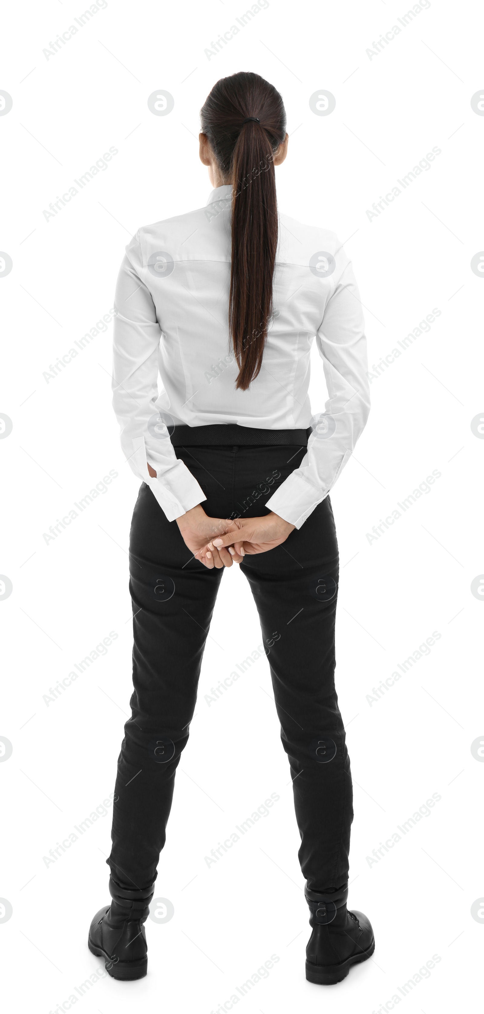 Photo of Female security guard in uniform on white background