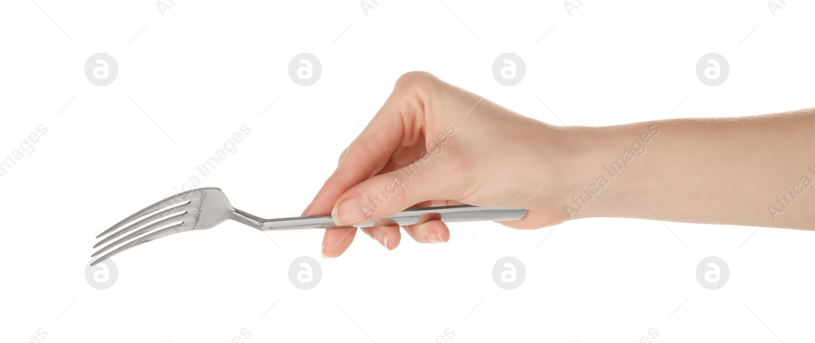 Photo of Woman holding clean fork on white background, closeup