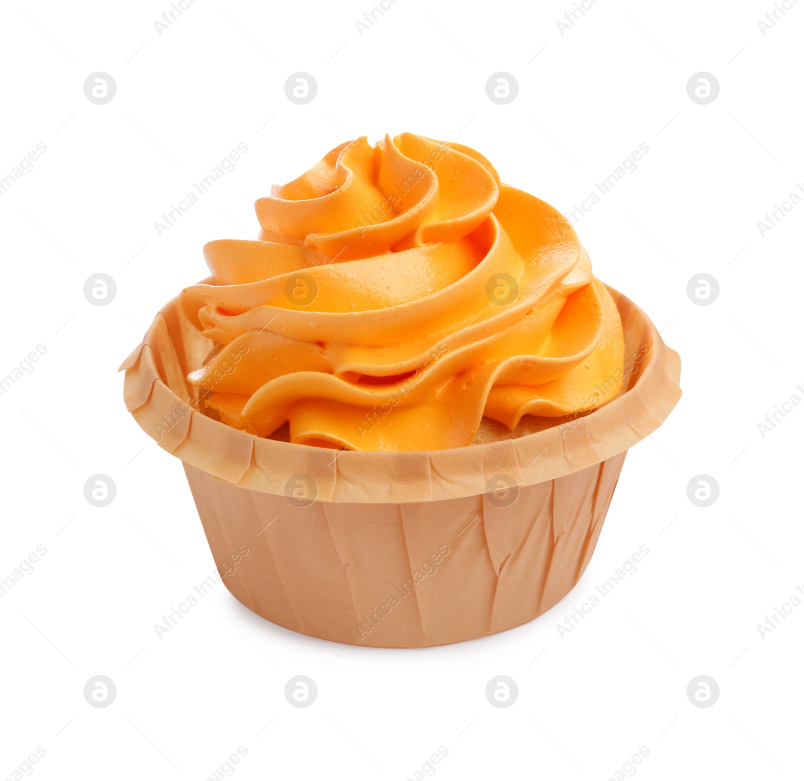 Photo of Tasty cupcake with orange cream isolated on white