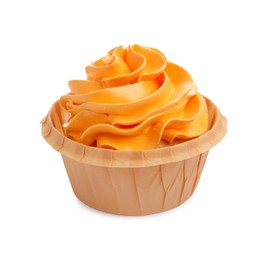Photo of Tasty cupcake with orange cream isolated on white