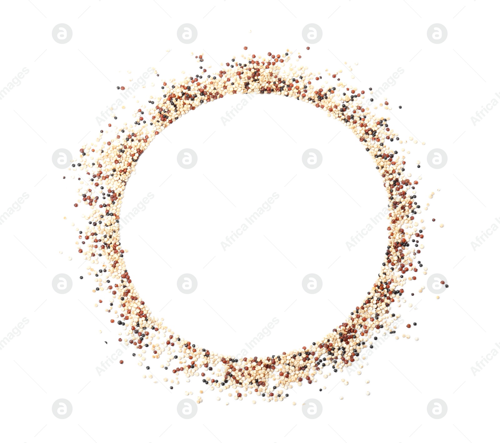 Photo of Frame made of mixed quinoa seeds and space for text on white background, top view