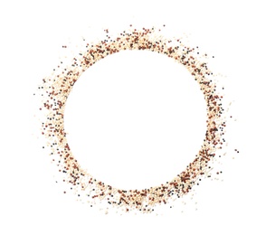 Frame made of mixed quinoa seeds and space for text on white background, top view