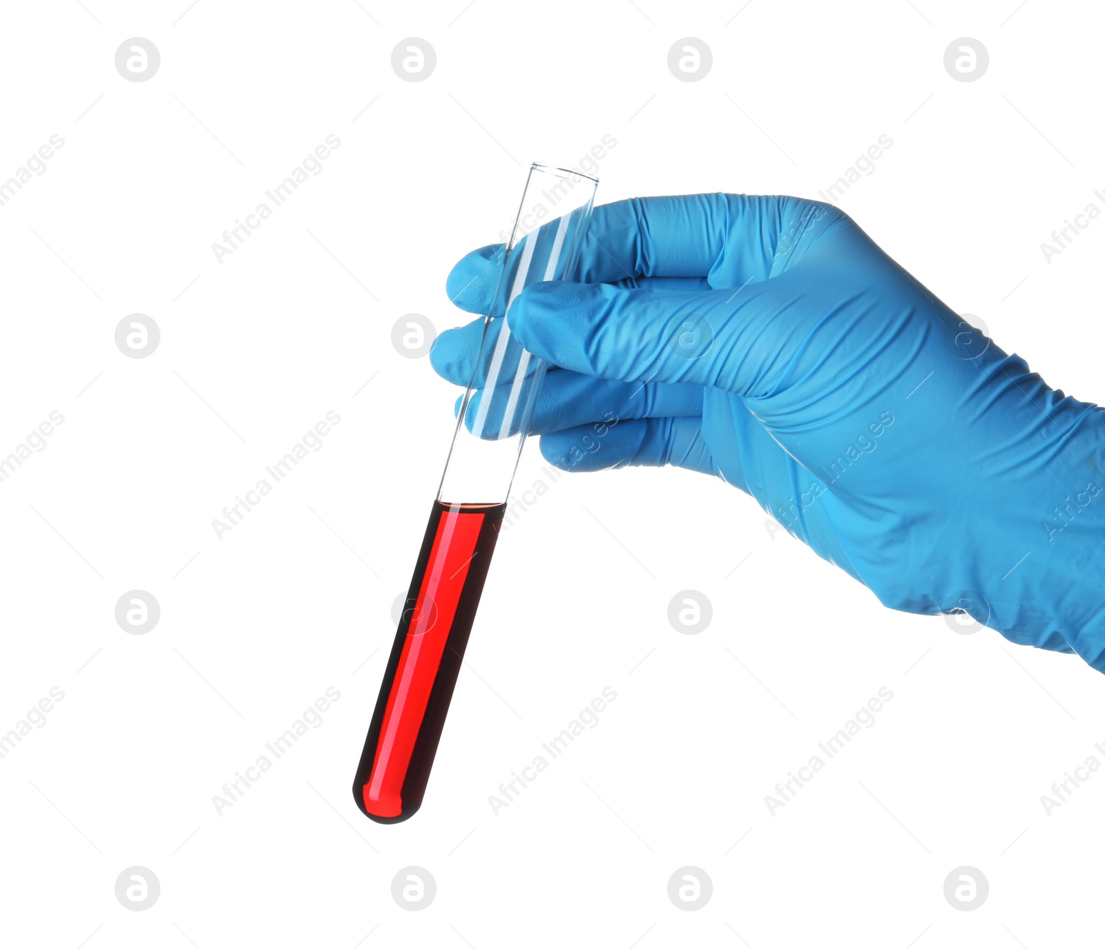 Photo of Laboratory worker holding test tube with blood sample for analysis isolated on white, closeup