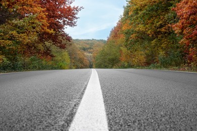 Photo of Beautiful view of asphalt highway going through autumn forest