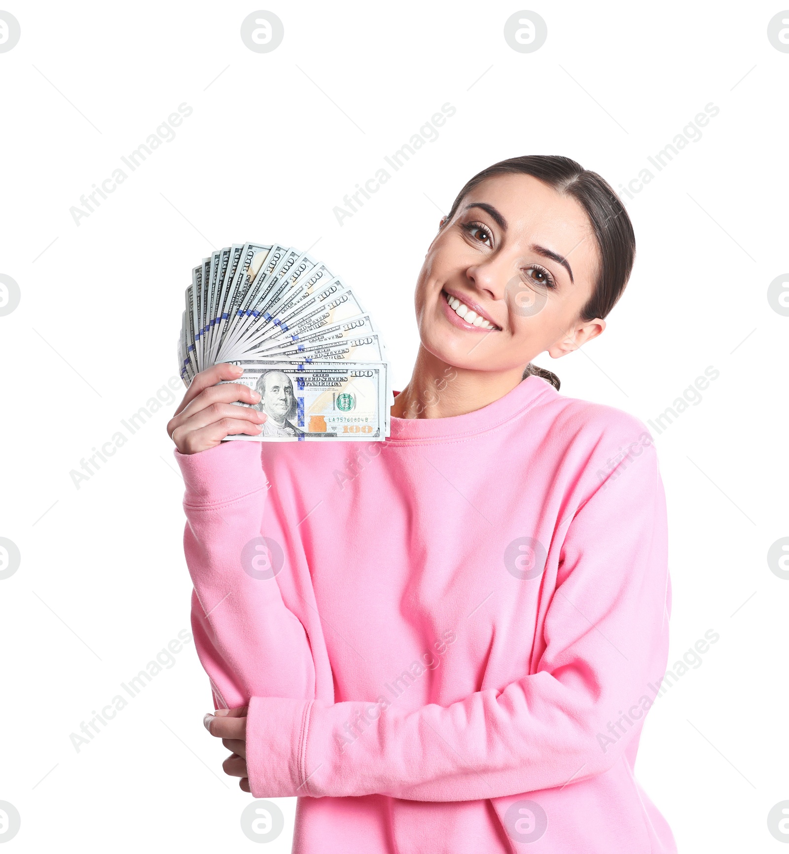 Photo of Portrait of young woman holding money banknotes on white background