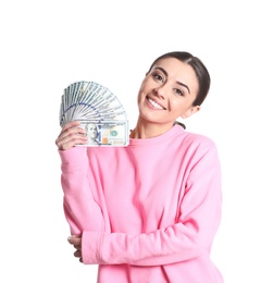 Photo of Portrait of young woman holding money banknotes on white background